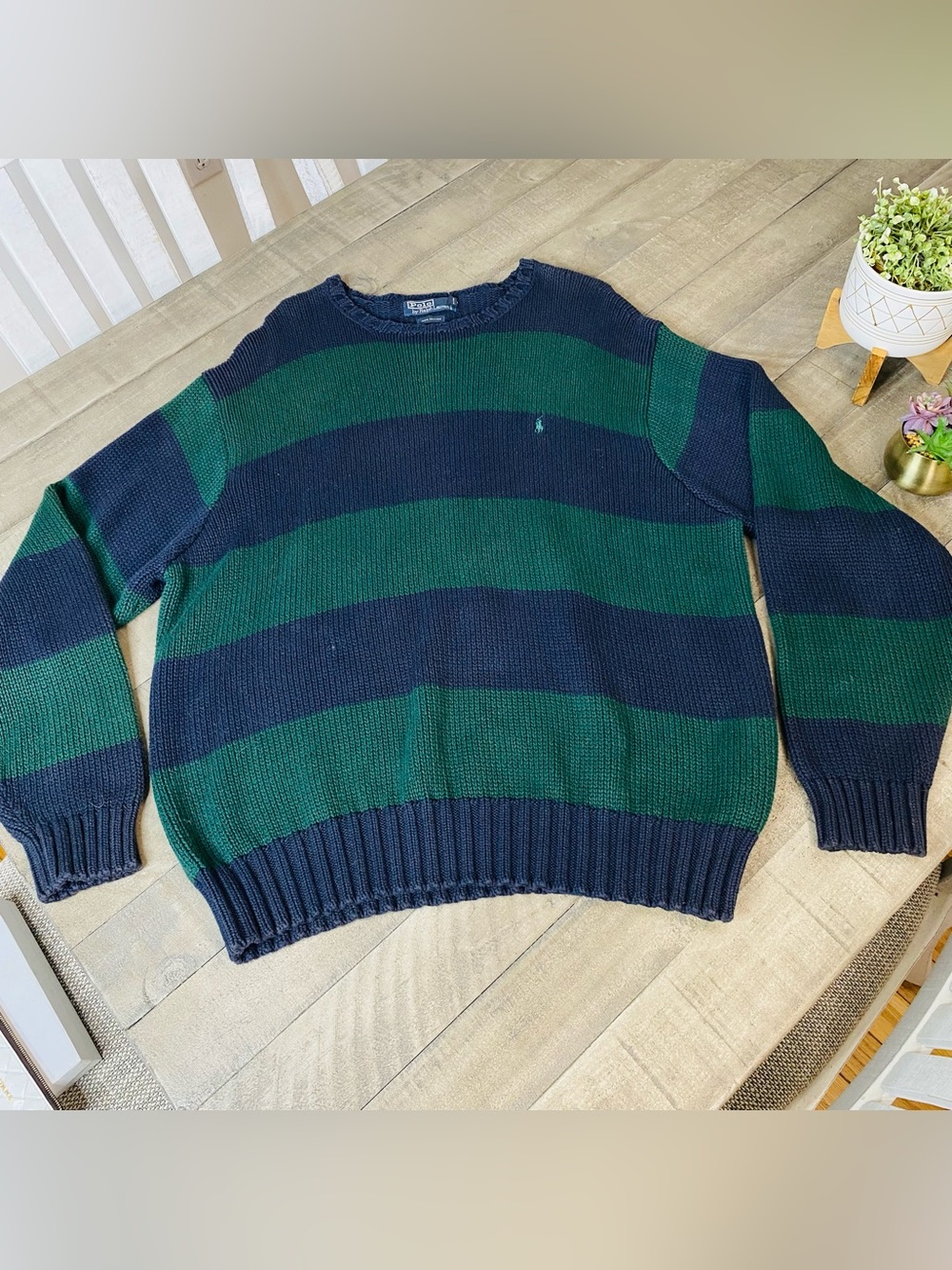VTG 90s Polo Ralph Lauren Striped Knit Sweater Men’s Green Navy Crewneck XXL